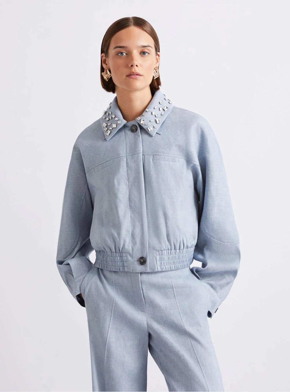 Marella Herringbone Viscose-Blend Sporty Jacket - Light Blue