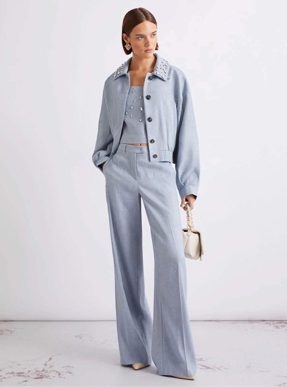 Marella Herringbone Viscose-Blend Sporty Jacket - Light Blue
