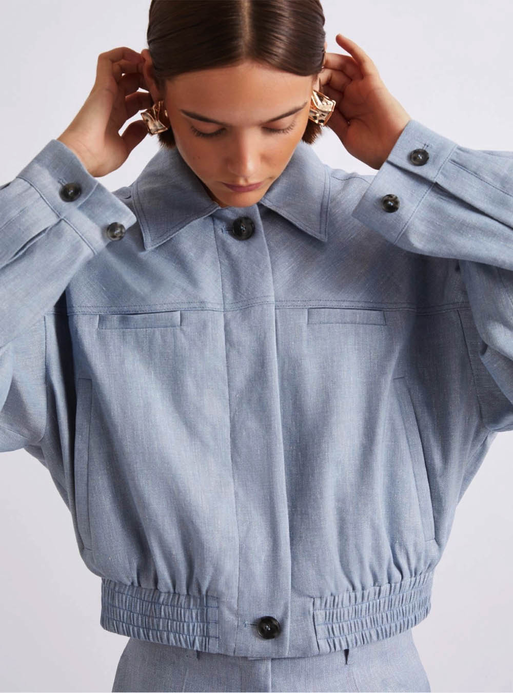Marella Herringbone Viscose-Blend Sporty Jacket - Light Blue