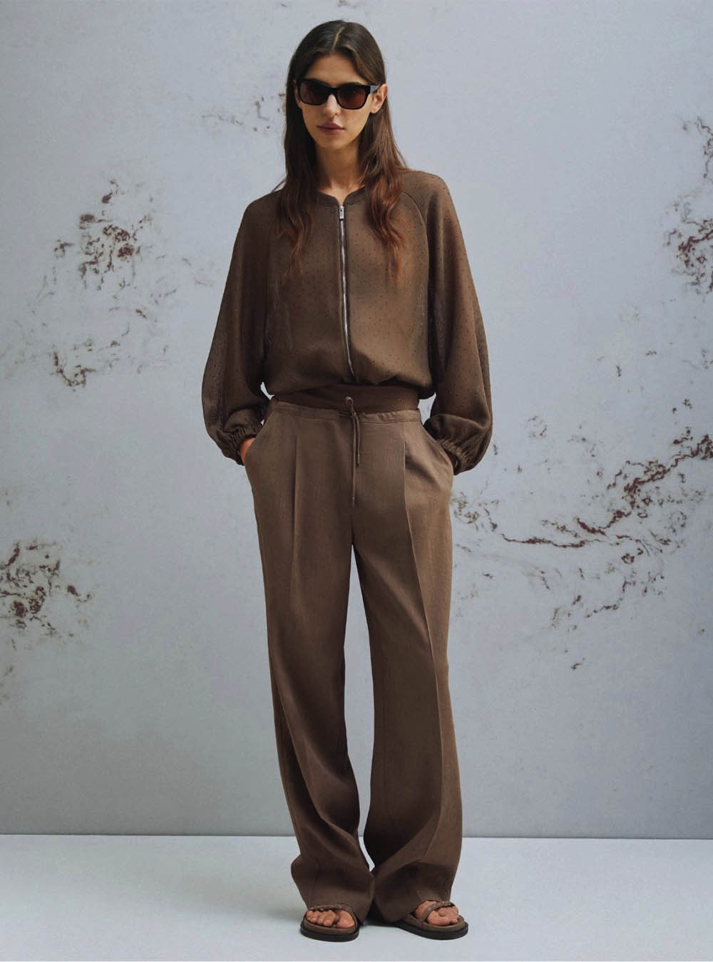 Marella Oversized Bomber Jacket with Micro-Rhinestone Detail - Brown