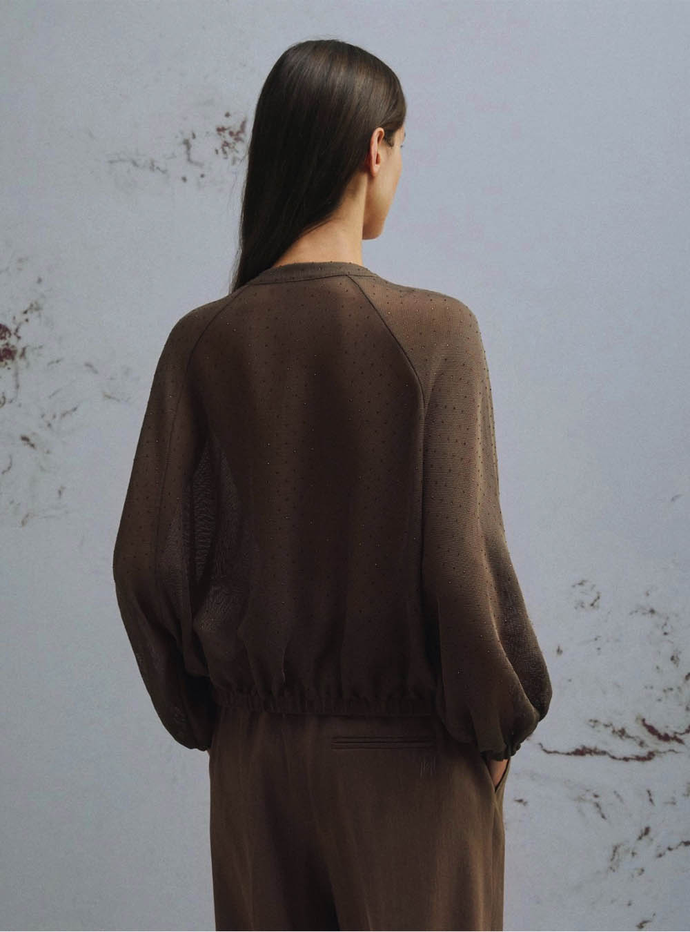 Marella Oversized Bomber Jacket with Micro-Rhinestone Detail - Brown
