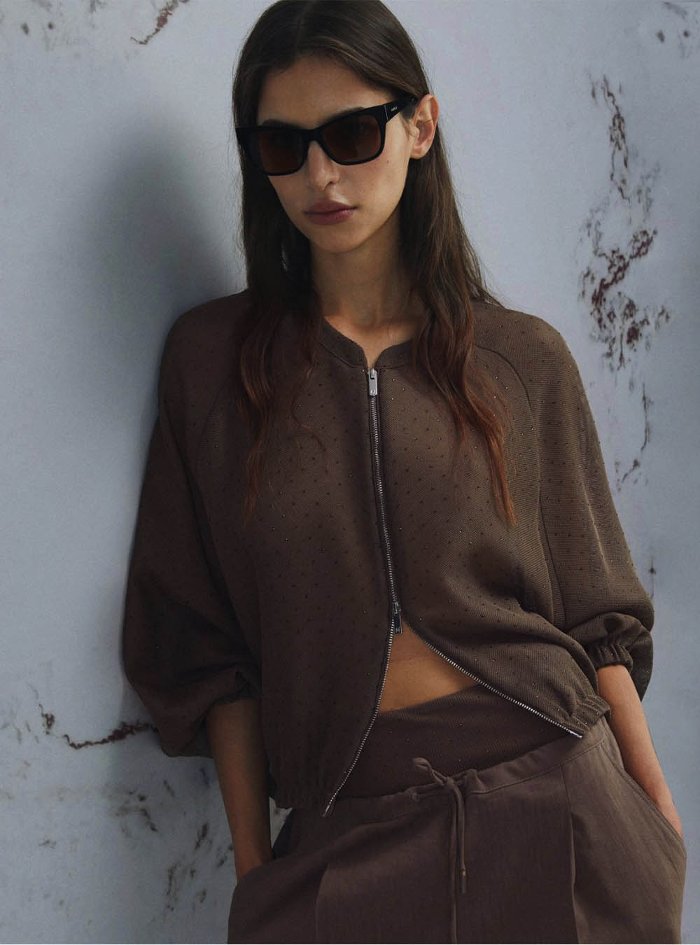 Marella Oversized Bomber Jacket with Micro-Rhinestone Detail - Brown