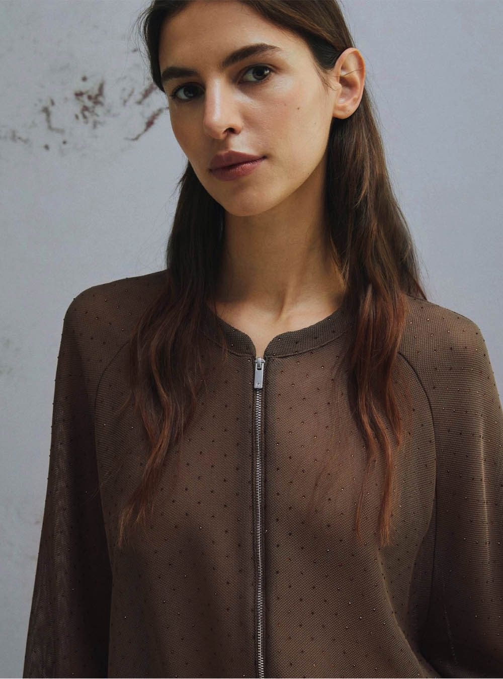 Marella Oversized Bomber Jacket with Micro-Rhinestone Detail - Brown