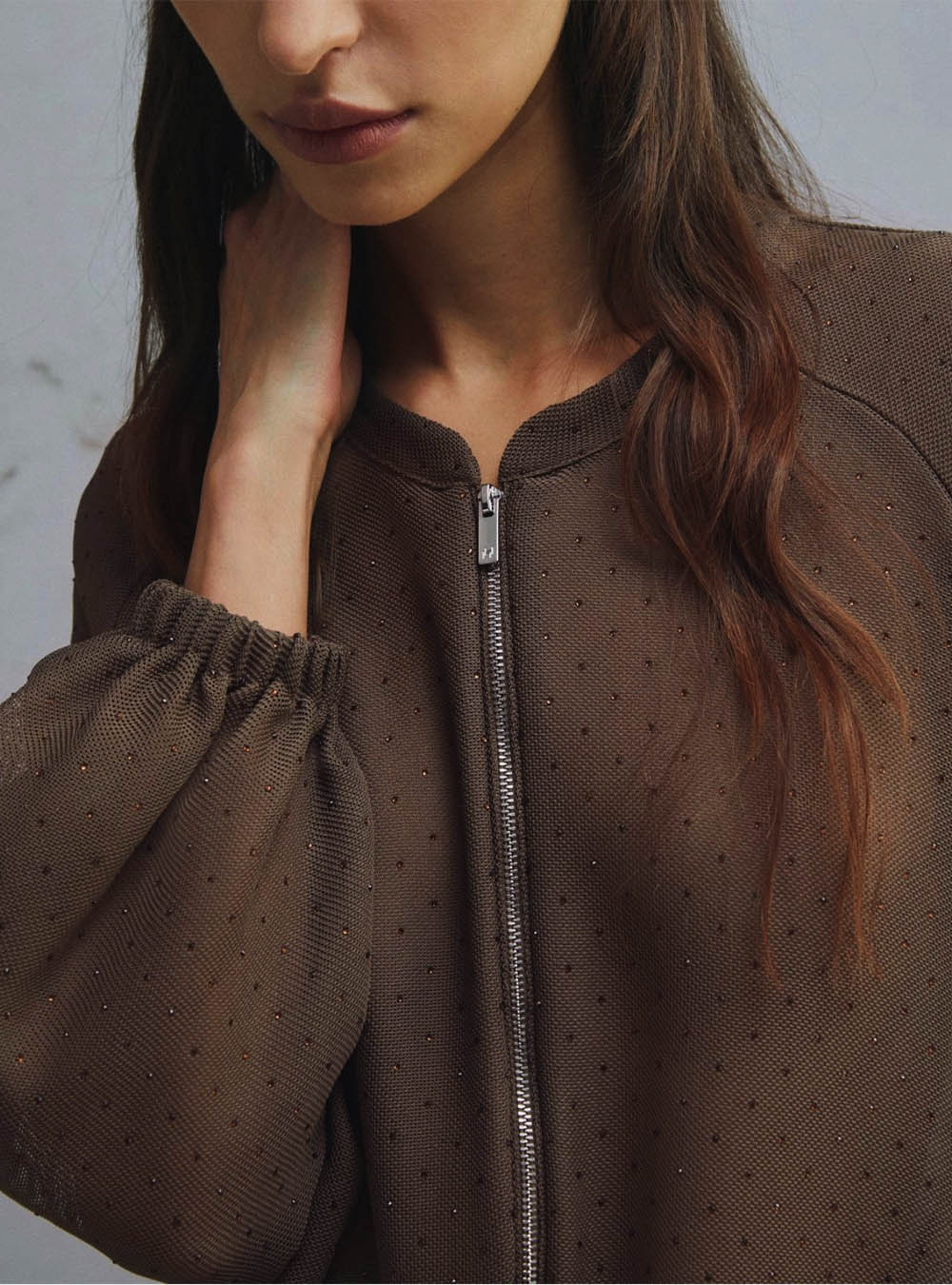 Marella Oversized Bomber Jacket with Micro-Rhinestone Detail - Brown