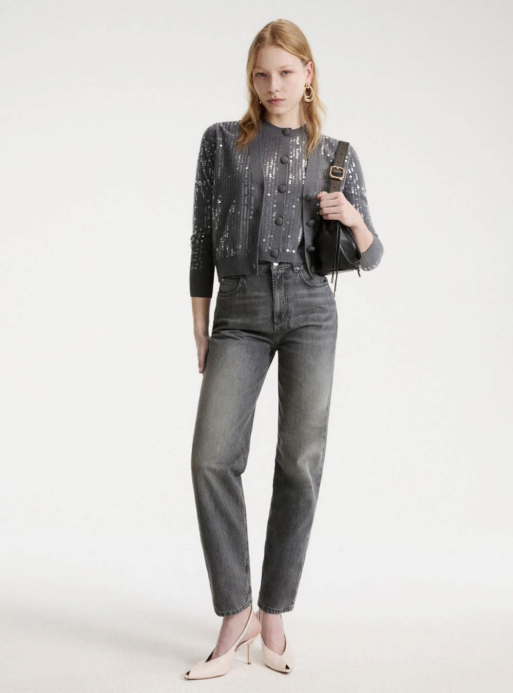Marella Sequined Bouclé Knit Cardigan - Light Grey