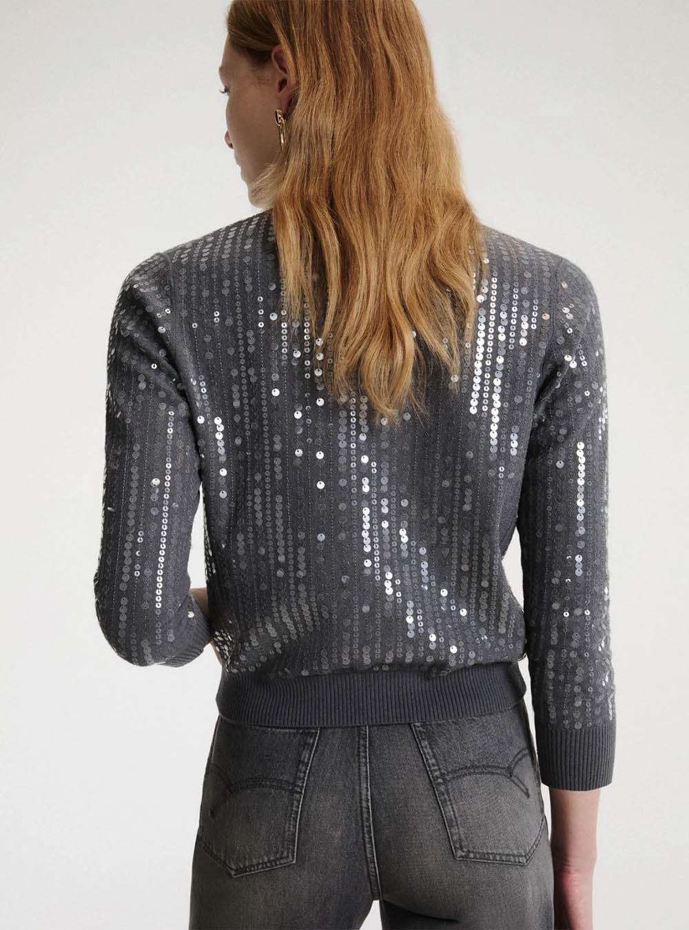 Marella Sequined Bouclé Knit Cardigan - Light Grey
