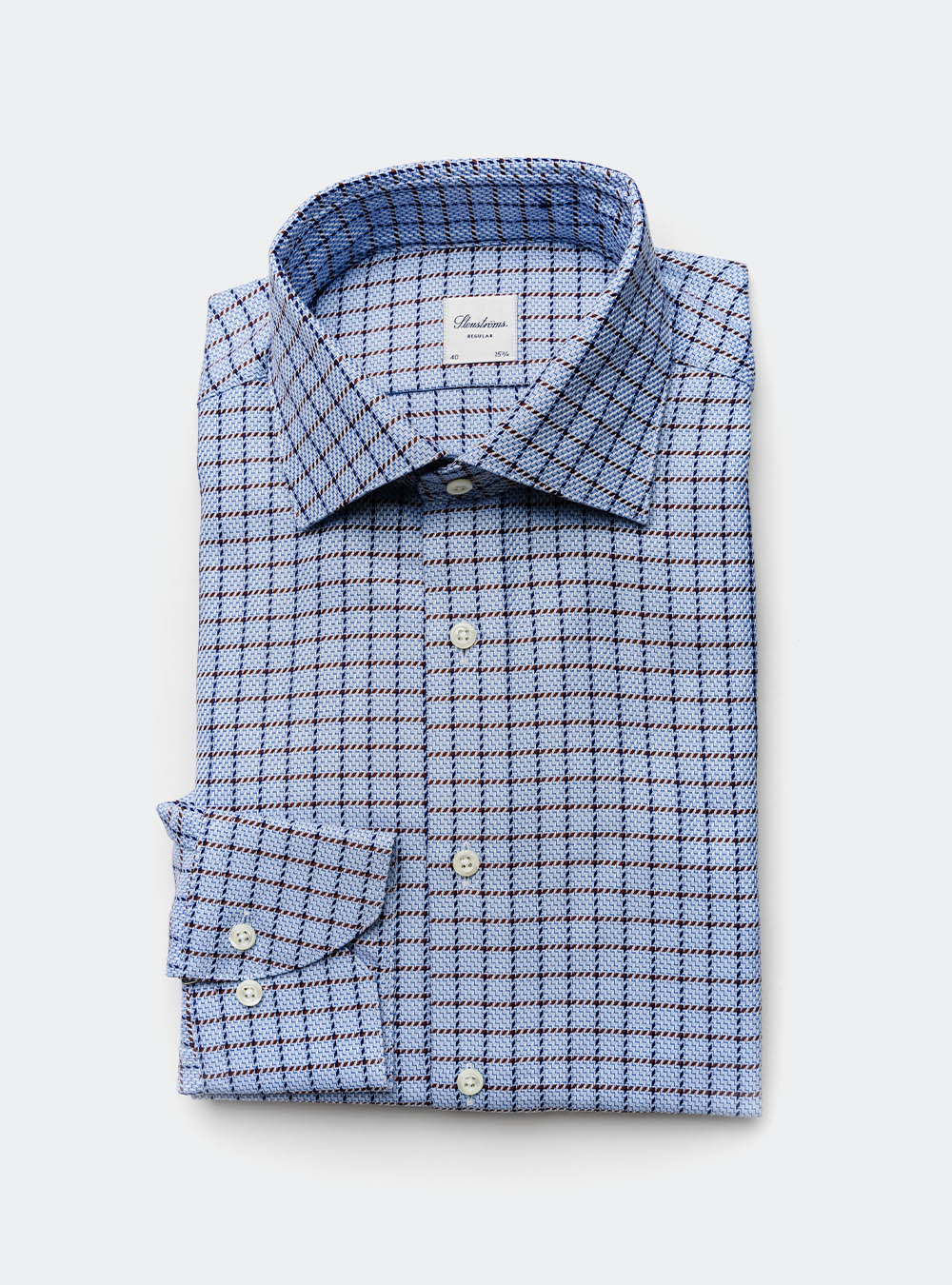 Stenstroms Blue Cotton with Brown Check Shirt