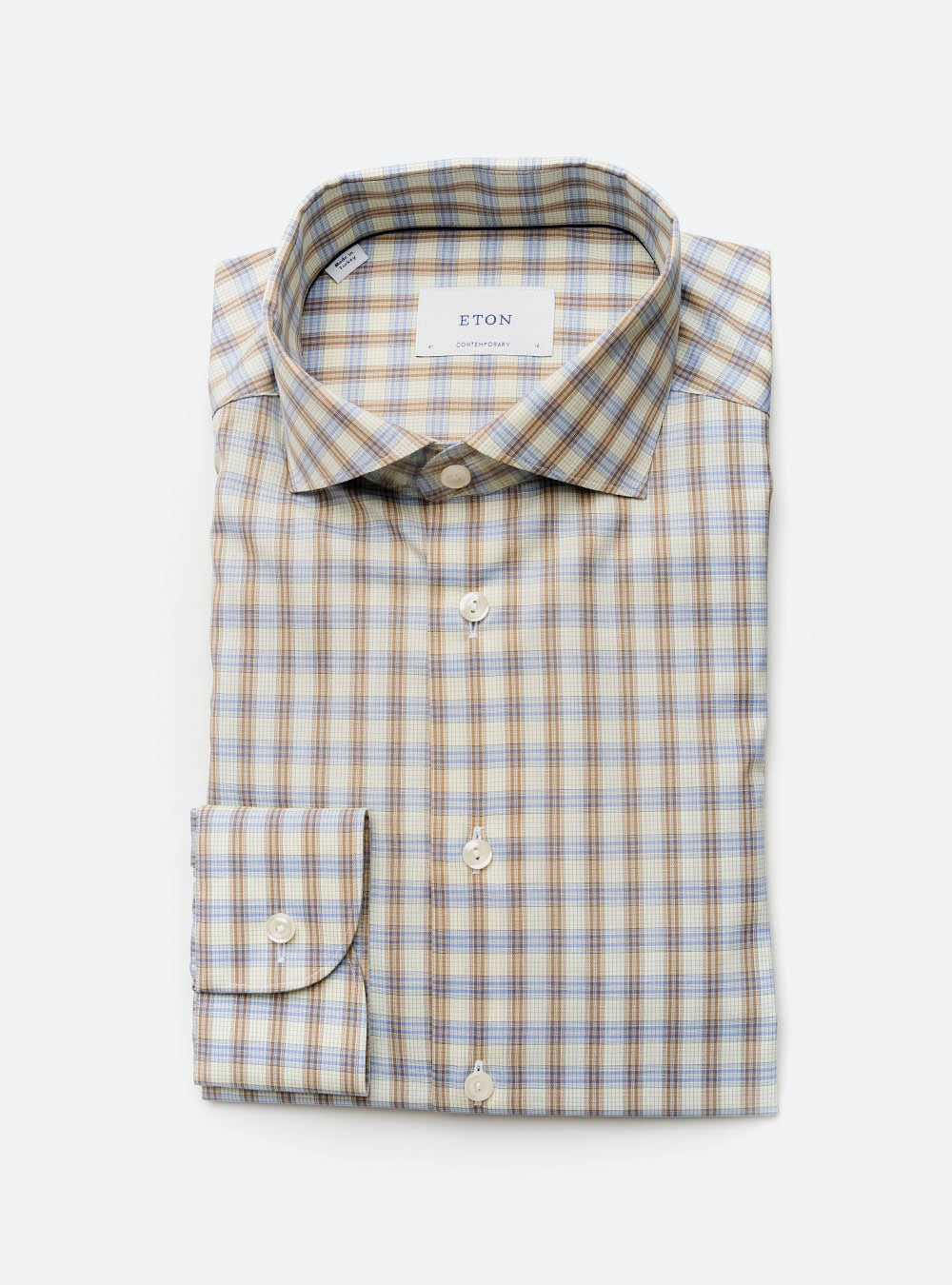 Eton Blue and Tan Box Check Cotton Shirt