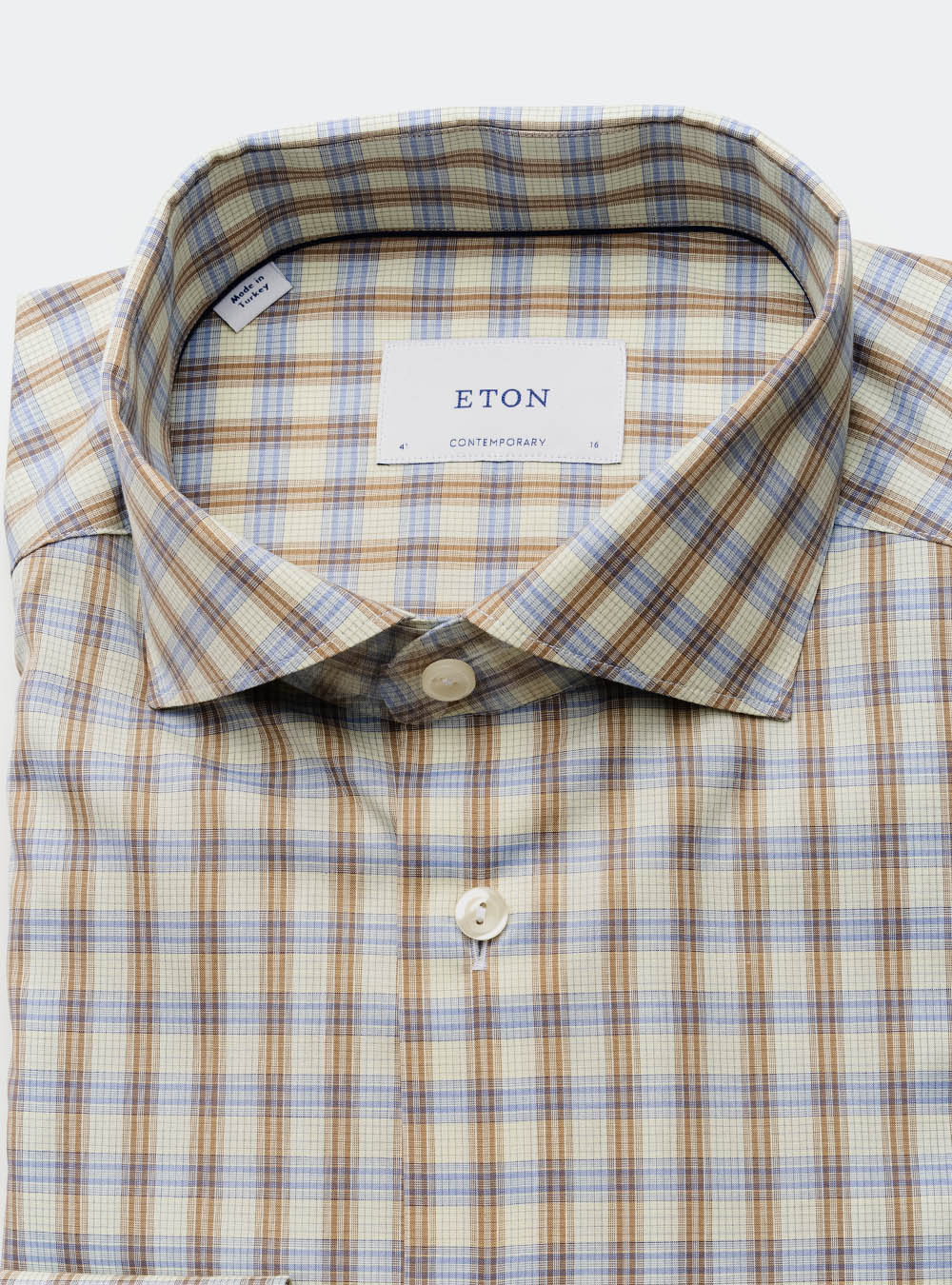 Eton Blue and Tan Box Check Cotton Shirt