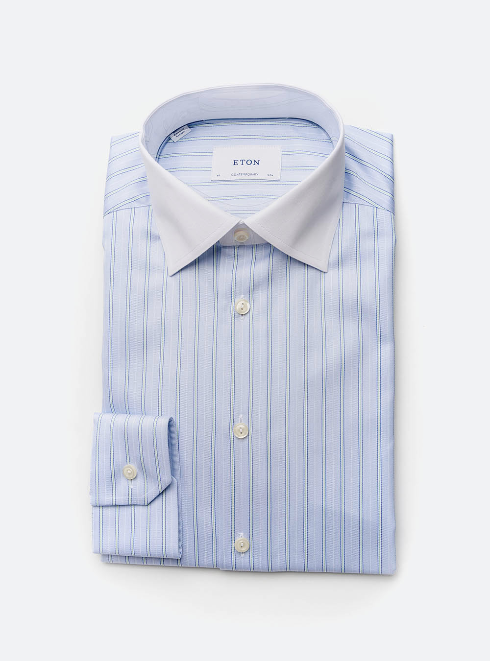 Eton Pale Blue and Lemon Stripe Cotton Shirt with White Collar