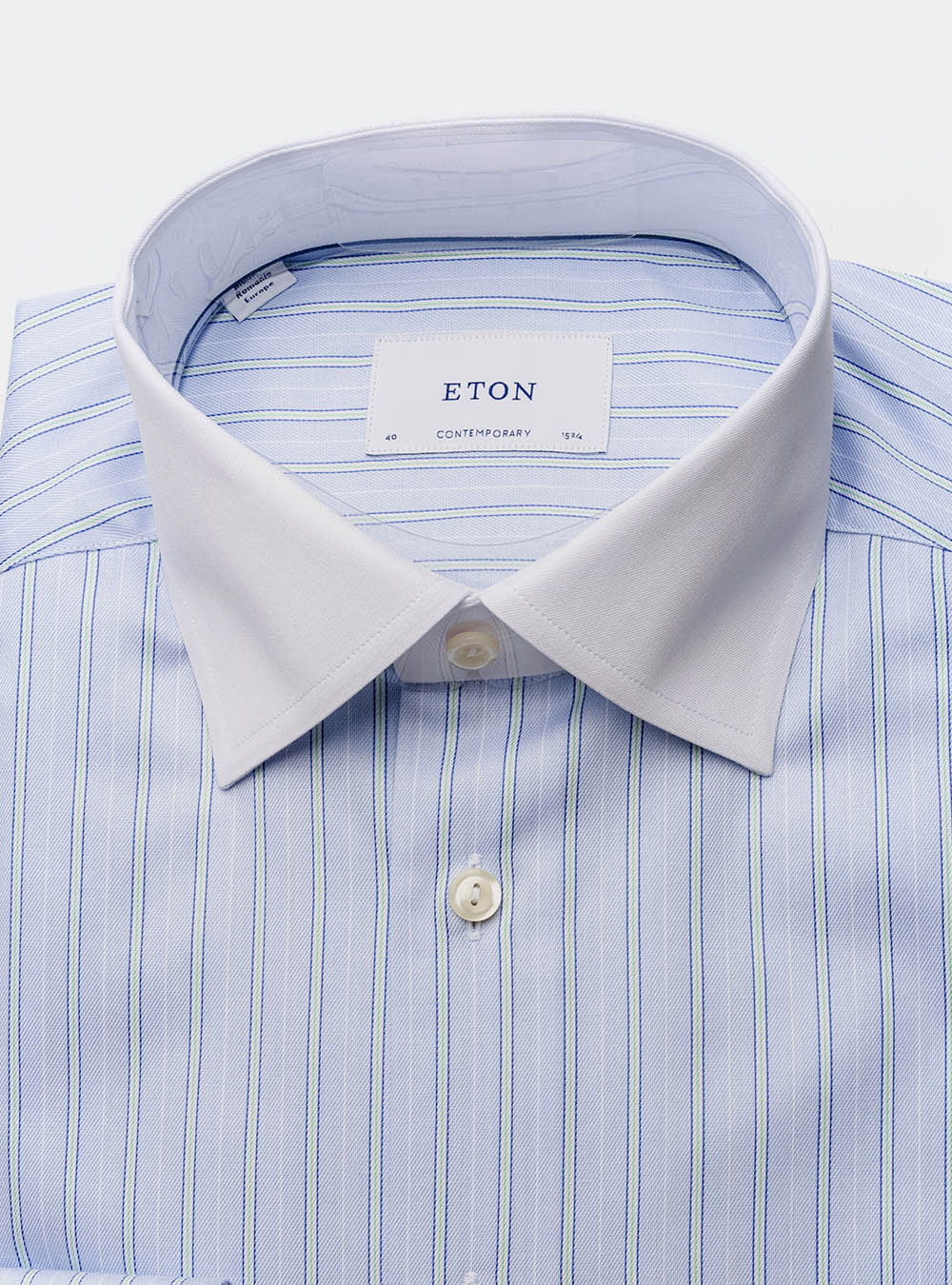 Eton Pale Blue and Lemon Stripe Cotton Shirt with White Collar