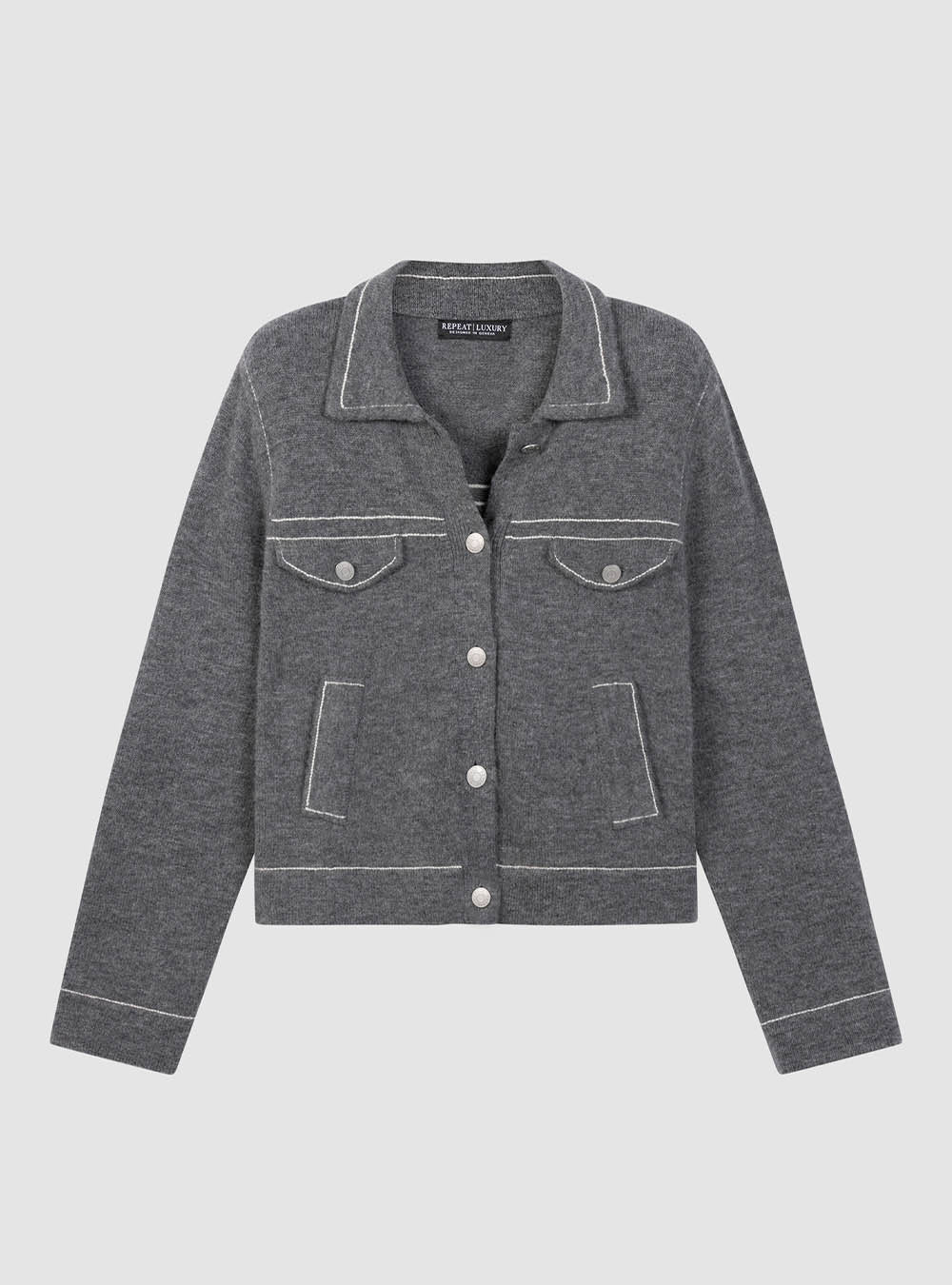 Repeat Cashmere Cashmere-Wool Bouclé Polo Cardigan with Contrast Stitching - Thunder
