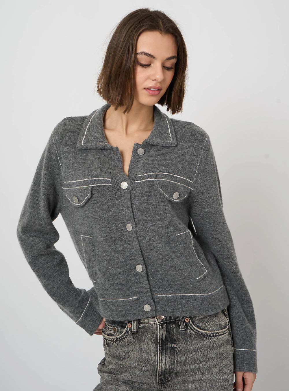 Repeat Cashmere Cashmere-Wool Bouclé Polo Cardigan with Contrast Stitching - Thunder