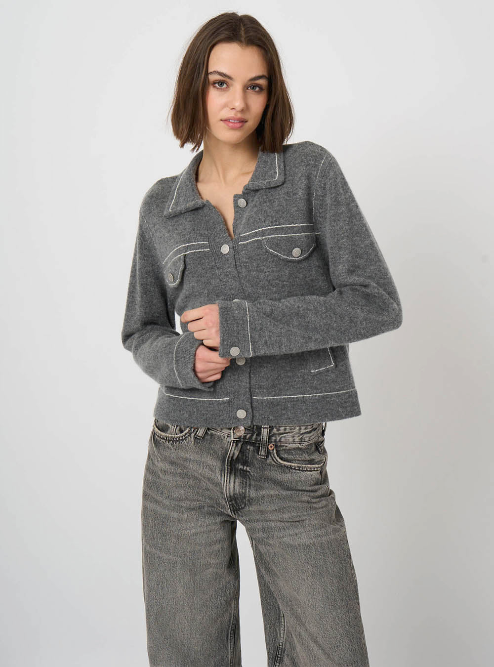 Repeat Cashmere Cashmere-Wool Bouclé Polo Cardigan with Contrast Stitching - Thunder