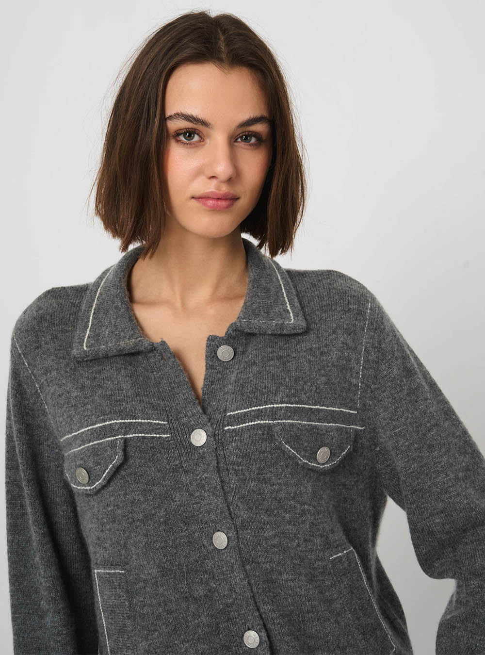Repeat Cashmere Cashmere-Wool Bouclé Polo Cardigan with Contrast Stitching - Thunder