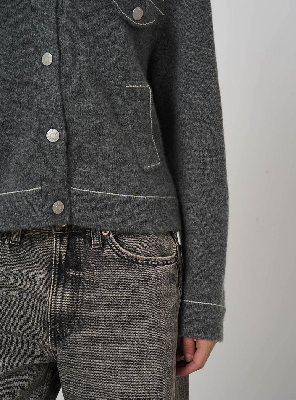 Repeat Cashmere Cashmere-Wool Bouclé Polo Cardigan with Contrast Stitching - Thunder