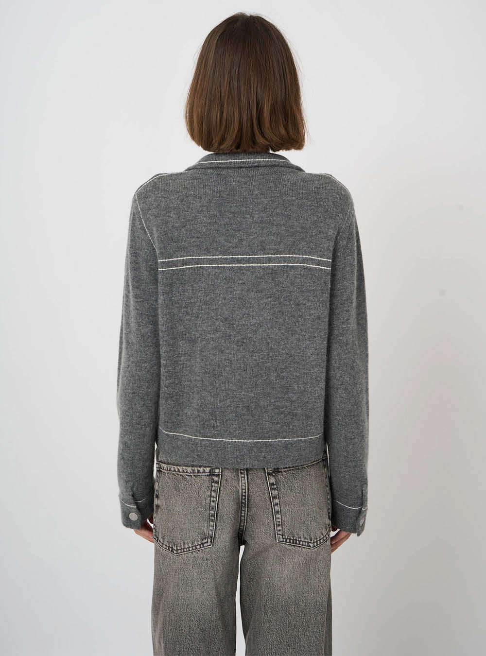 Repeat Cashmere Cashmere-Wool Bouclé Polo Cardigan with Contrast Stitching - Thunder