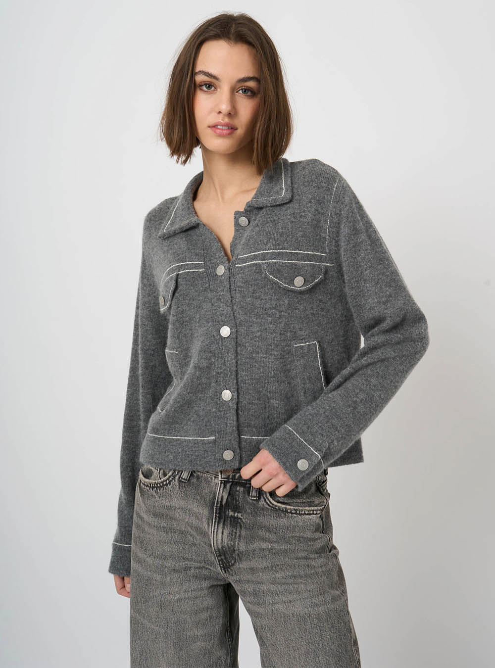 Repeat Cashmere Cashmere-Wool Bouclé Polo Cardigan with Contrast Stitching - Thunder