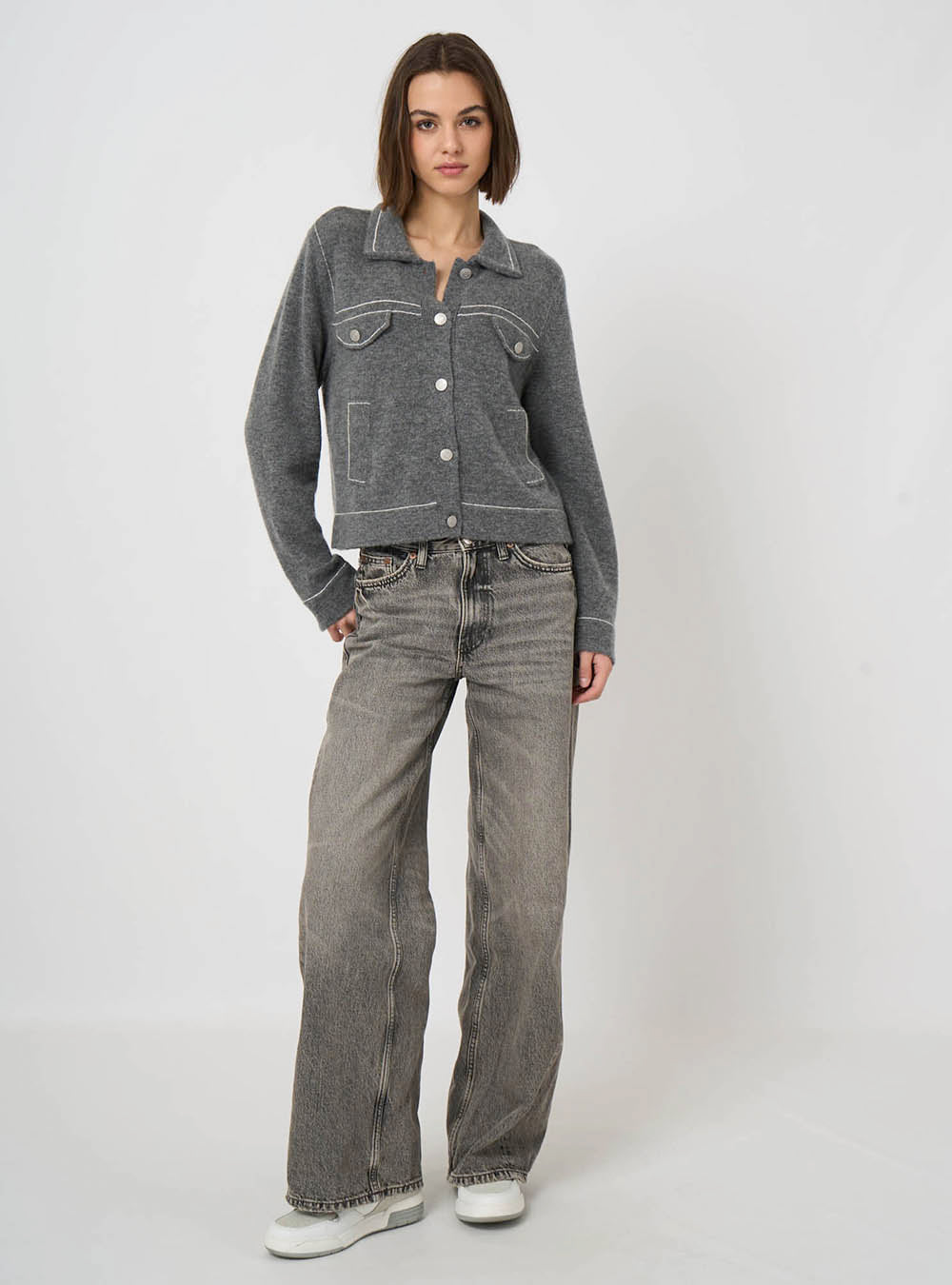 Repeat Cashmere Cashmere-Wool Bouclé Polo Cardigan with Contrast Stitching - Thunder