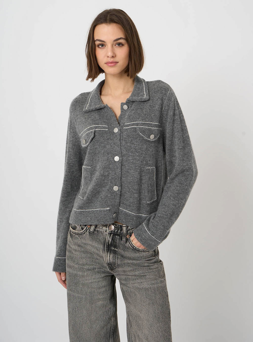 Repeat Cashmere Cashmere-Wool Bouclé Polo Cardigan with Contrast Stitching - Thunder