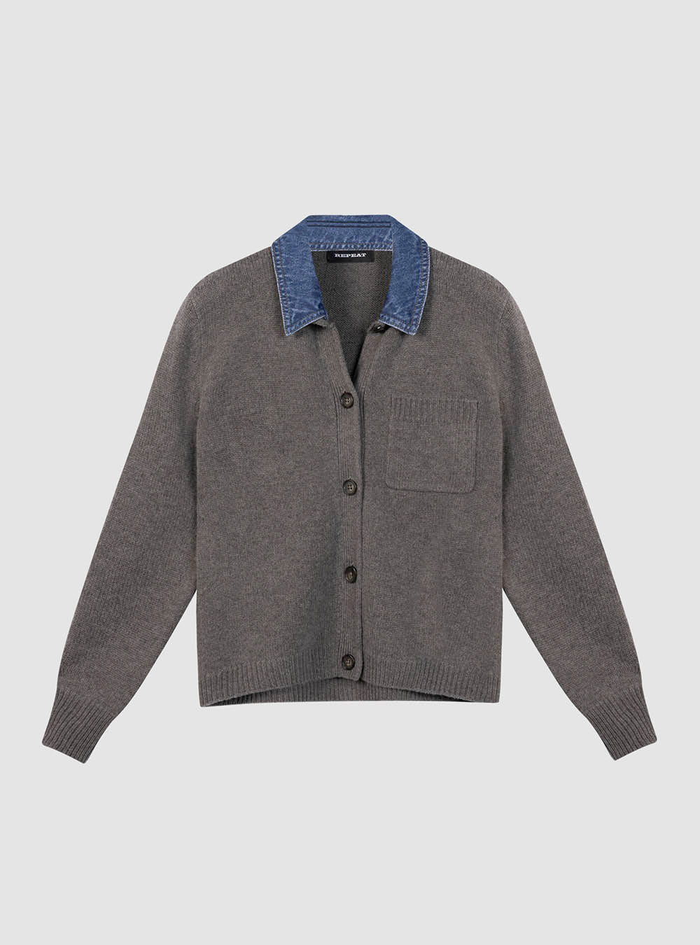 Repeat Cashmere Cashmere-Wool Cardigan with Denim Collar - Rock