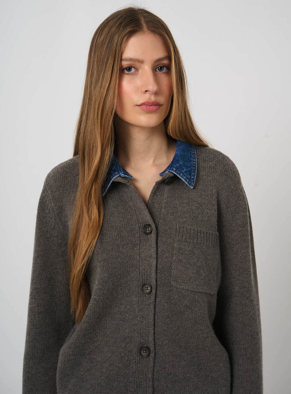 Repeat Cashmere Cashmere-Wool Cardigan with Denim Collar - Rock