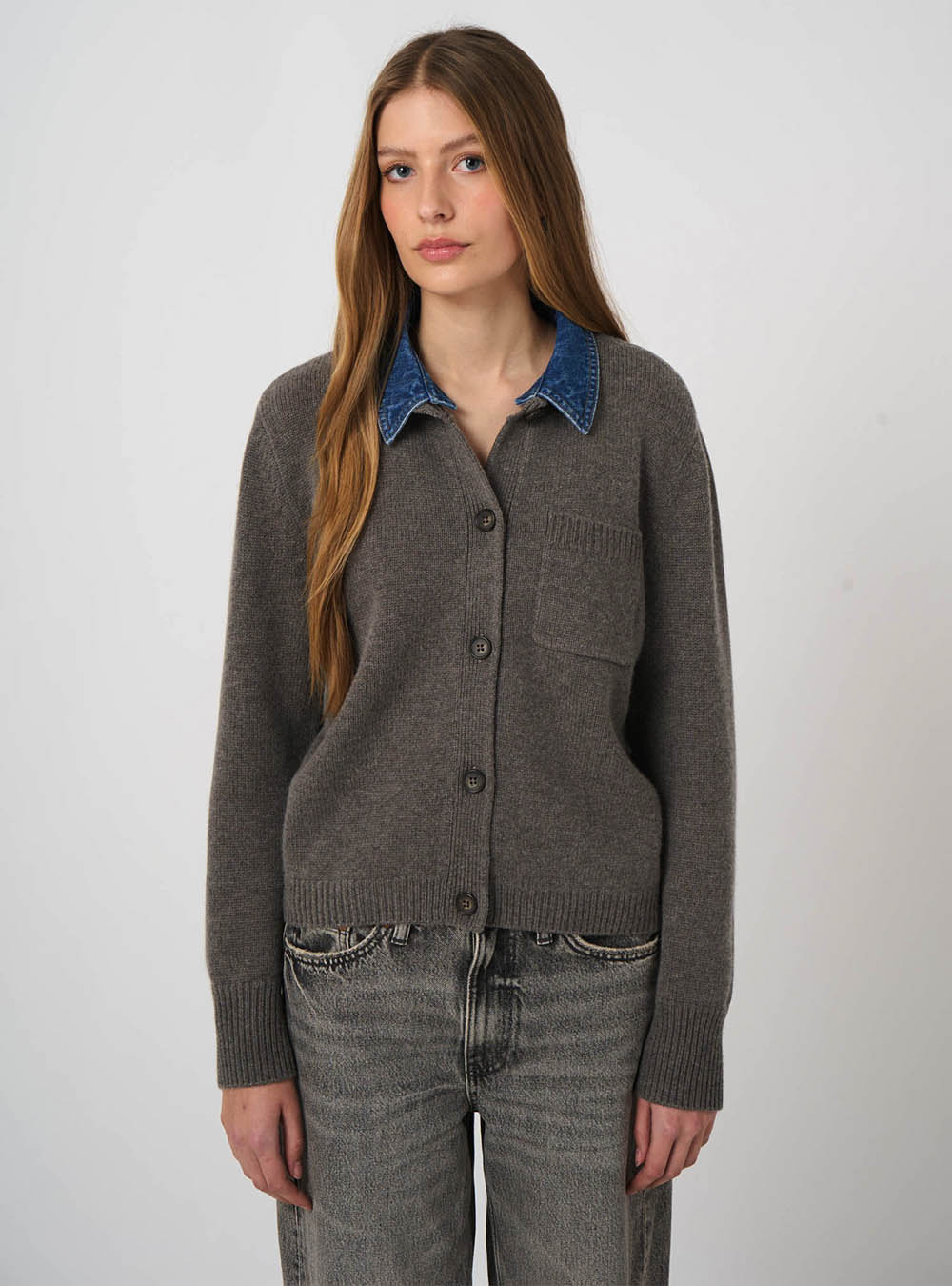 Repeat Cashmere Cashmere-Wool Cardigan with Denim Collar - Rock
