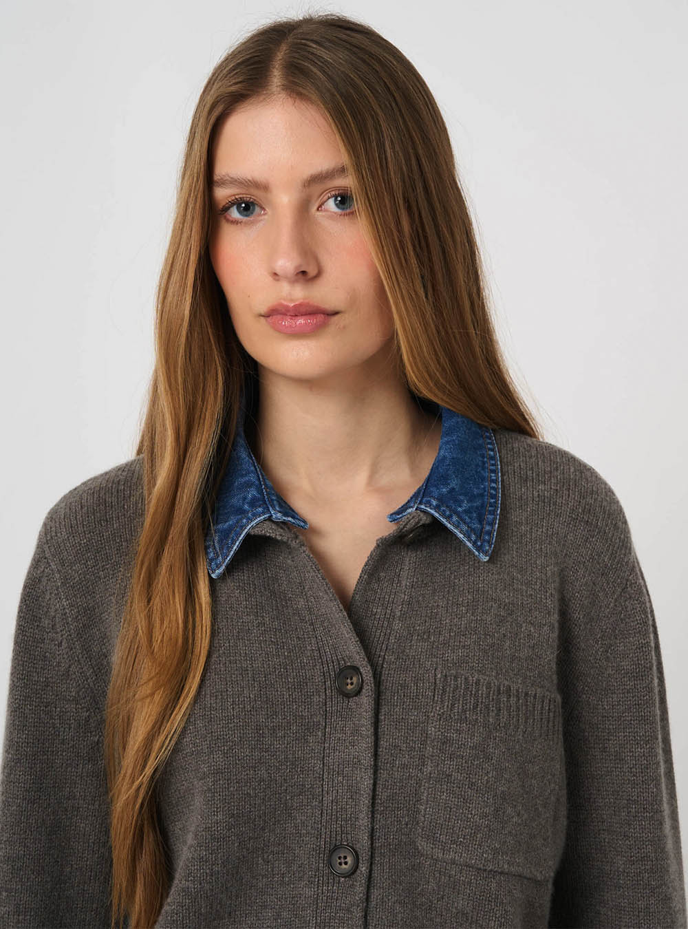 Repeat Cashmere Cashmere-Wool Cardigan with Denim Collar - Rock