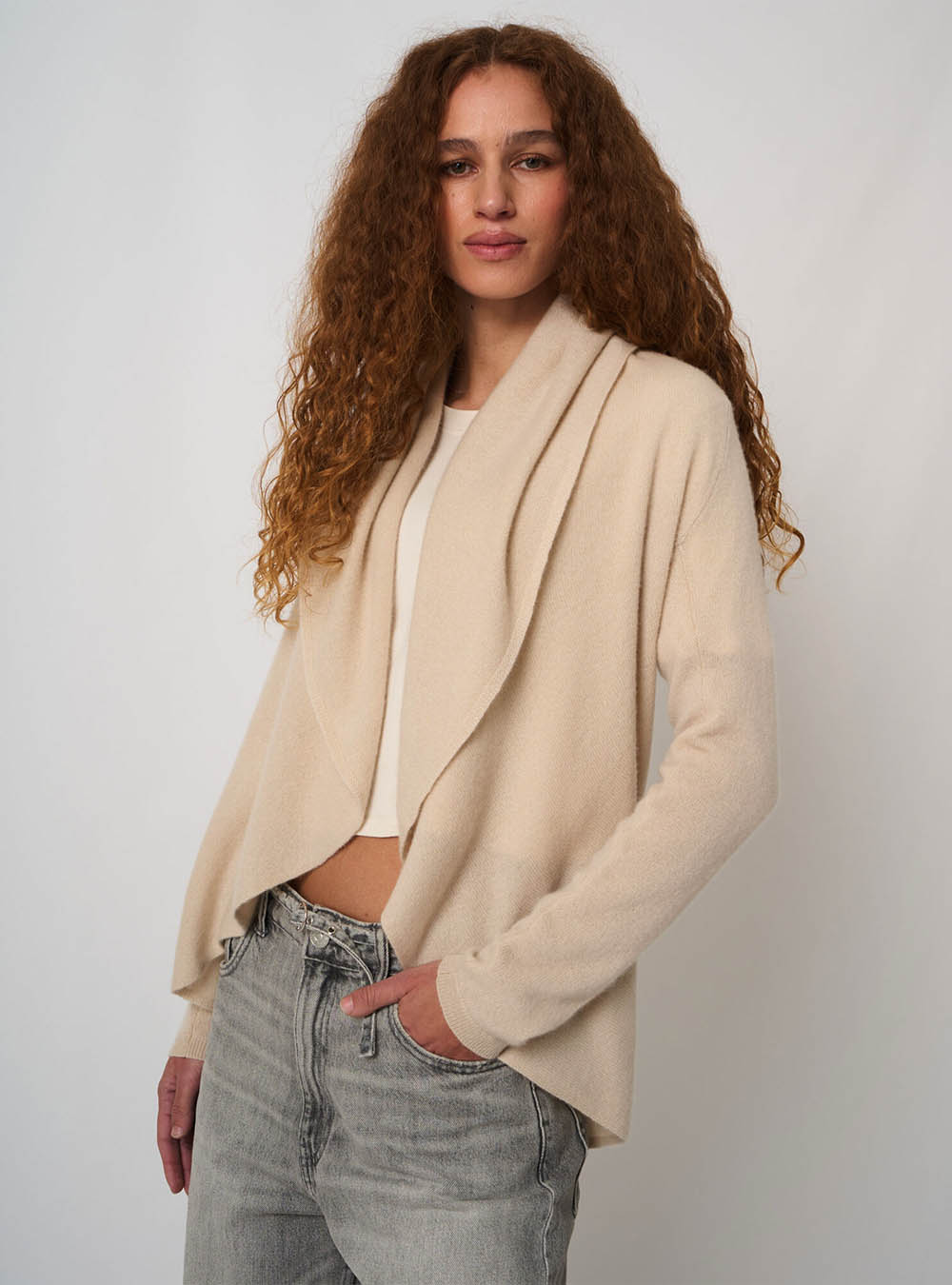 Repeat Cashmere Open Organic Cashmere Cardigan With Shawl Neck - Natural
