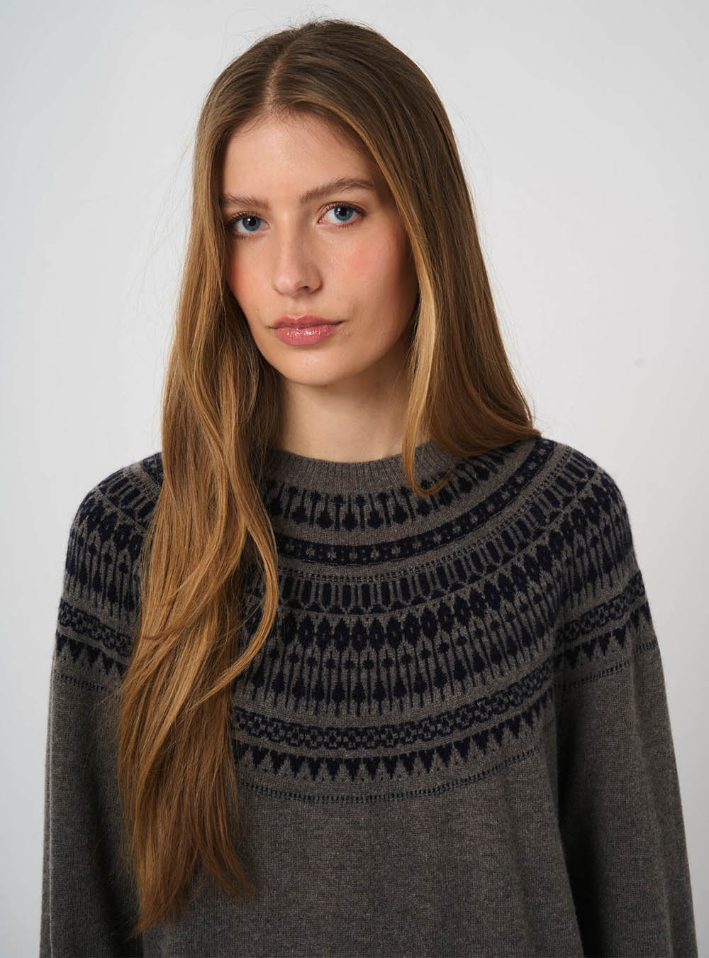 Repeat Cashmere Wool-Cashmere Fine-Knit Sweater with Intarsia Yoke - Rock