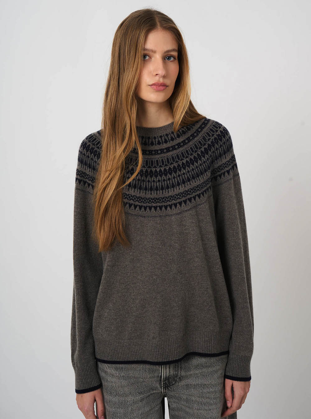 Repeat Cashmere Wool-Cashmere Fine-Knit Sweater with Intarsia Yoke - Rock