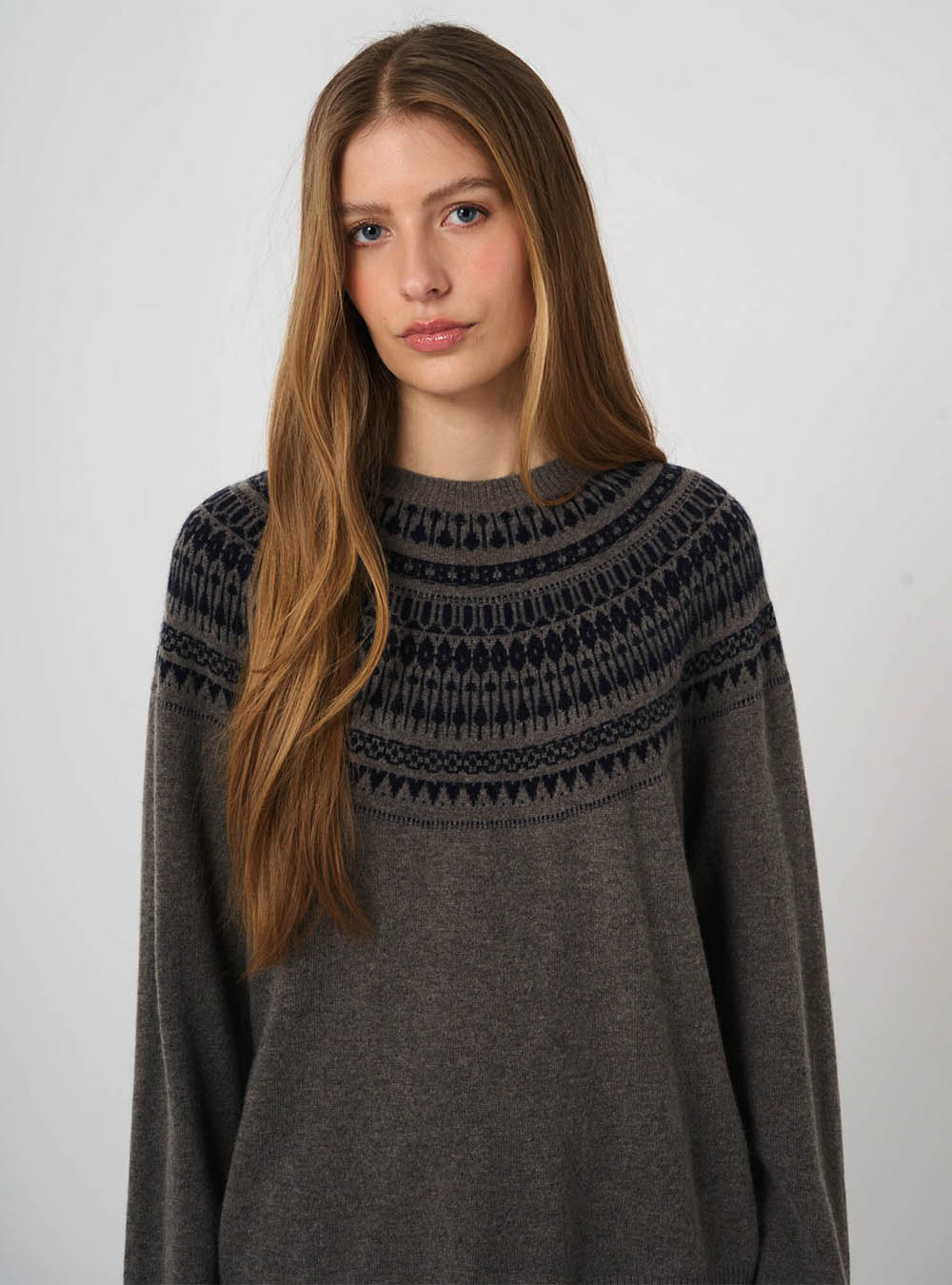 Repeat Cashmere Wool-Cashmere Fine-Knit Sweater with Intarsia Yoke - Rock