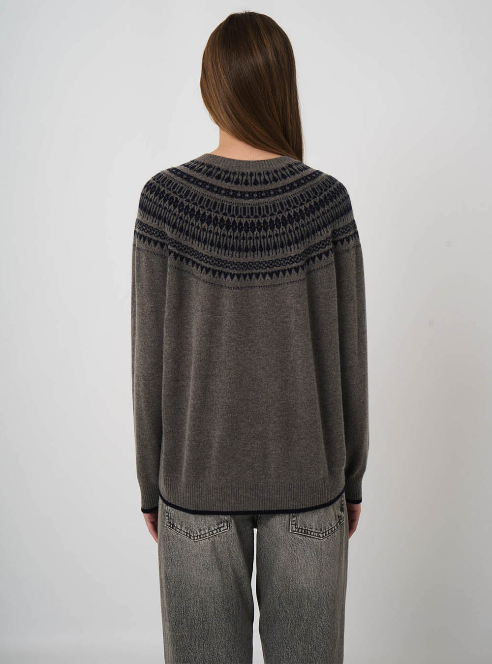 Repeat Cashmere Wool-Cashmere Fine-Knit Sweater with Intarsia Yoke - Rock