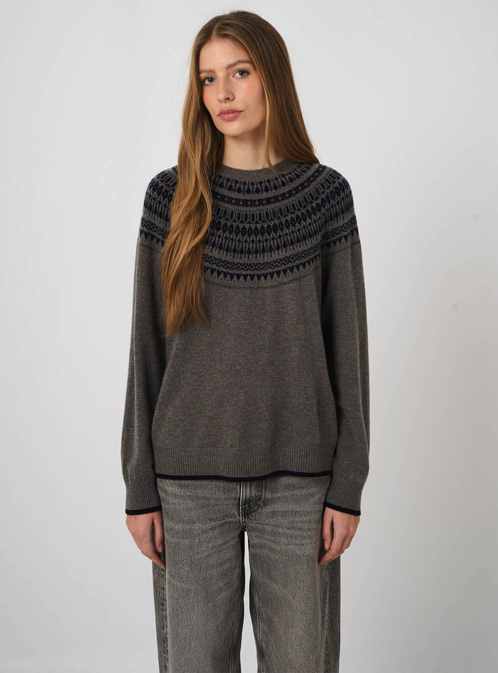 Repeat Cashmere Wool-Cashmere Fine-Knit Sweater with Intarsia Yoke - Rock