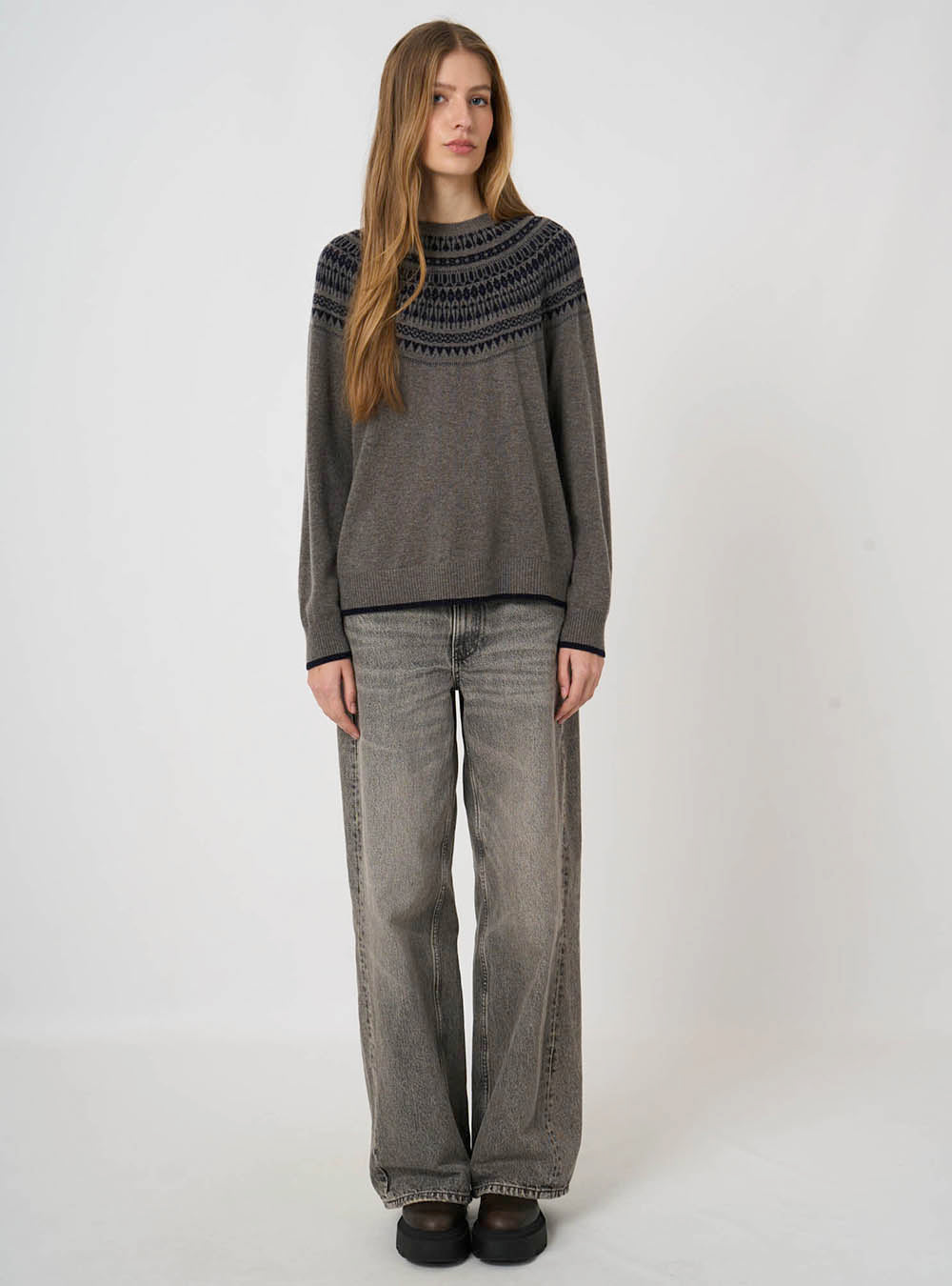 Repeat Cashmere Wool-Cashmere Fine-Knit Sweater with Intarsia Yoke - Rock