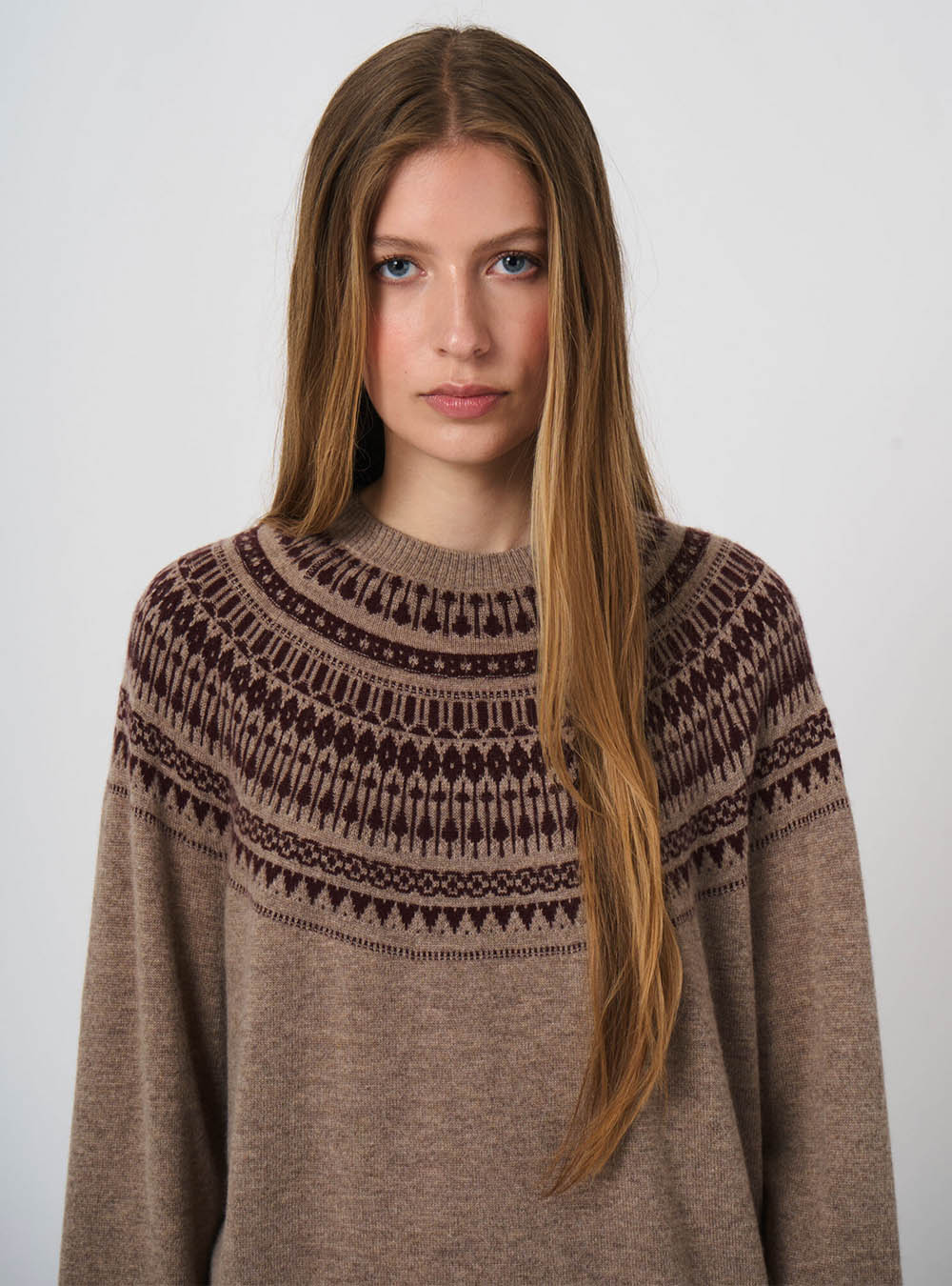 Repeat Cashmere Wool-Cashmere Fine-Knit Sweater with Intarsia Yoke - Sand