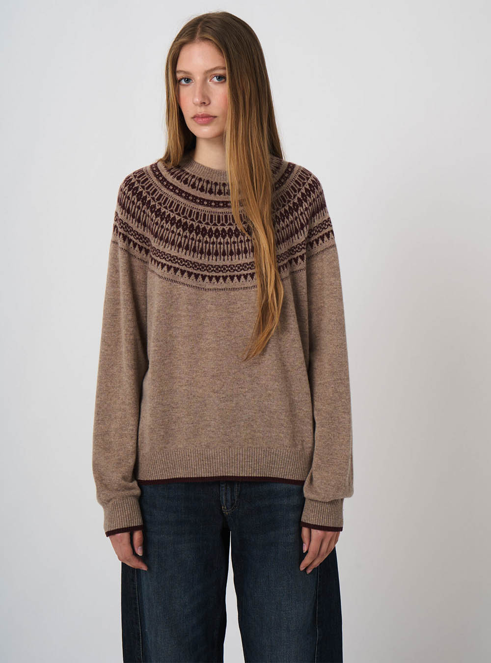 Repeat Cashmere Wool-Cashmere Fine-Knit Sweater with Intarsia Yoke - Sand
