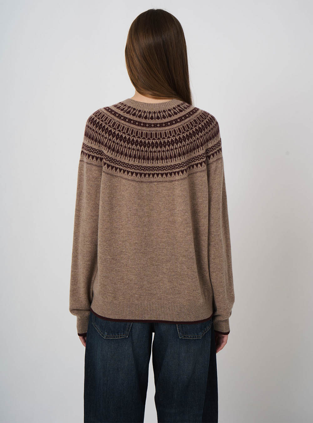 Repeat Cashmere Wool-Cashmere Fine-Knit Sweater with Intarsia Yoke - Sand