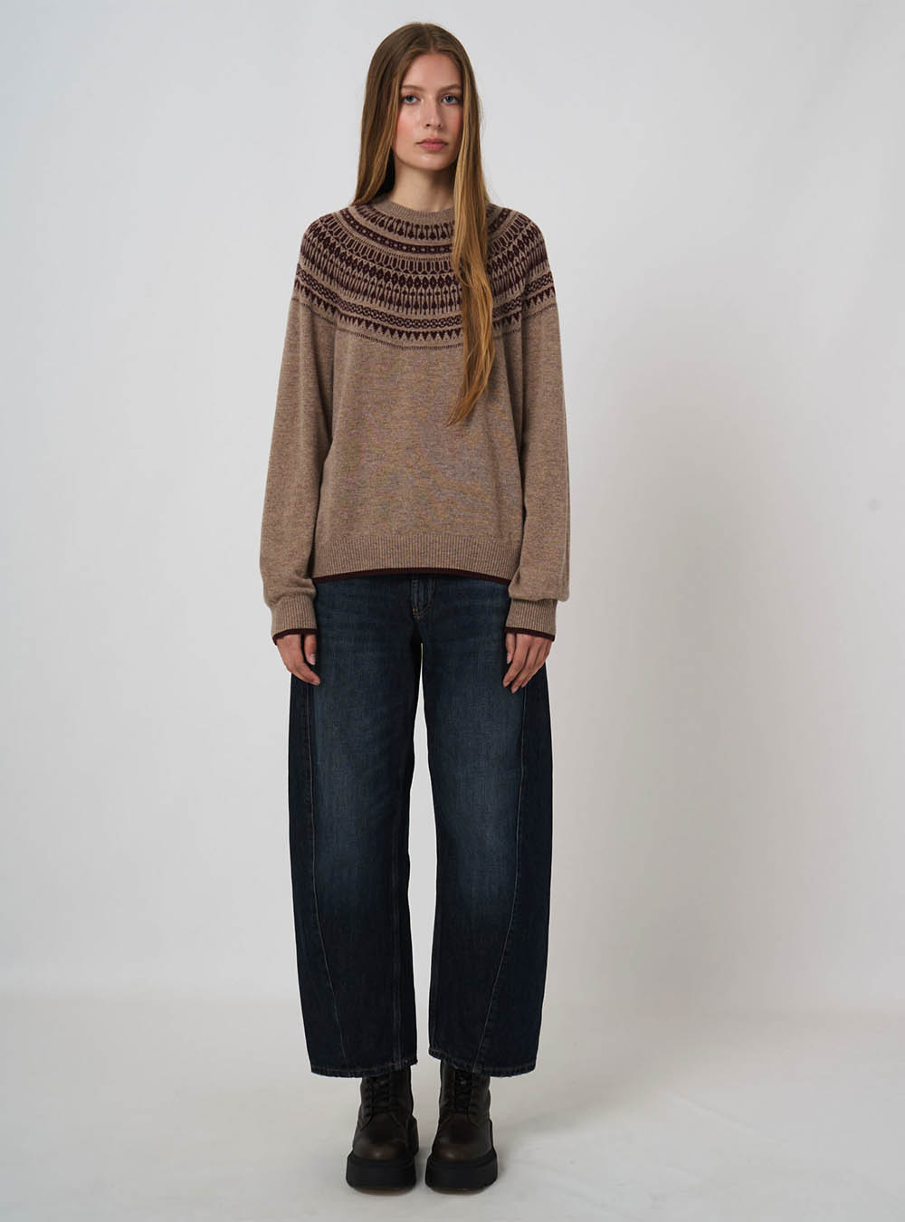Repeat Cashmere Wool-Cashmere Fine-Knit Sweater with Intarsia Yoke - Sand