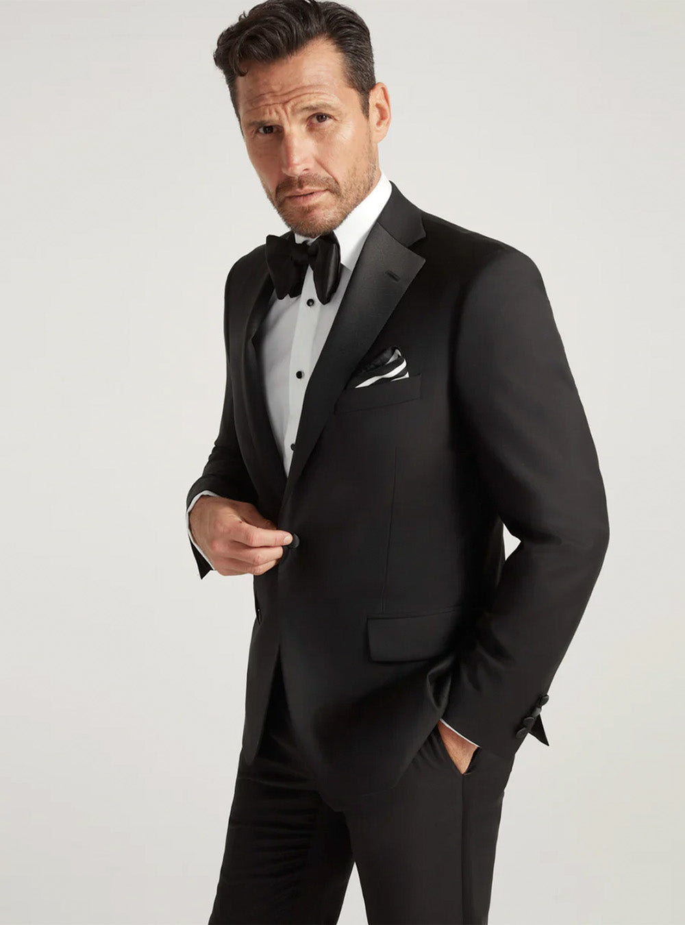 Samuelsohn Black Notch Lapel Satin Honey Way Super 150's Wool Tuxedo