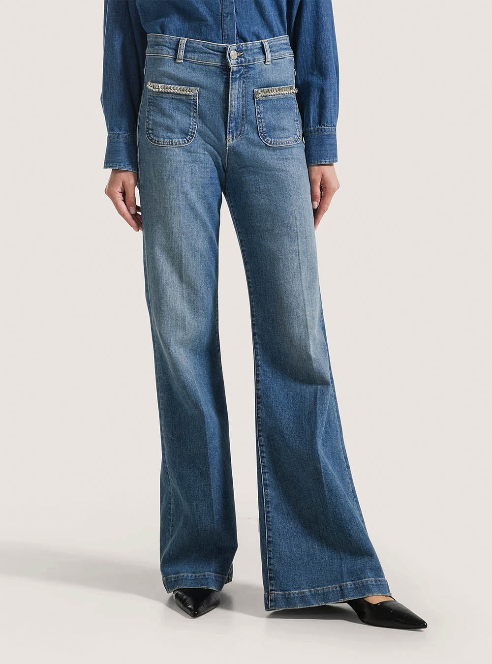 Seventy High-Waisted Long Stretch Jeans With Stone Accessory Pockets -  Light Blue Denim