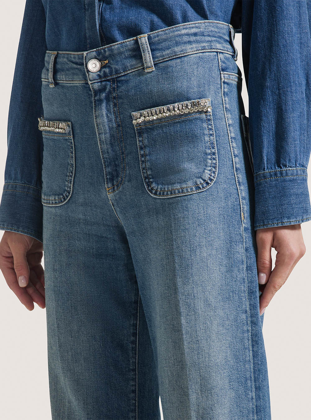 Seventy High-Waisted Long Stretch Jeans With Stone Accessory Pockets -  Light Blue Denim