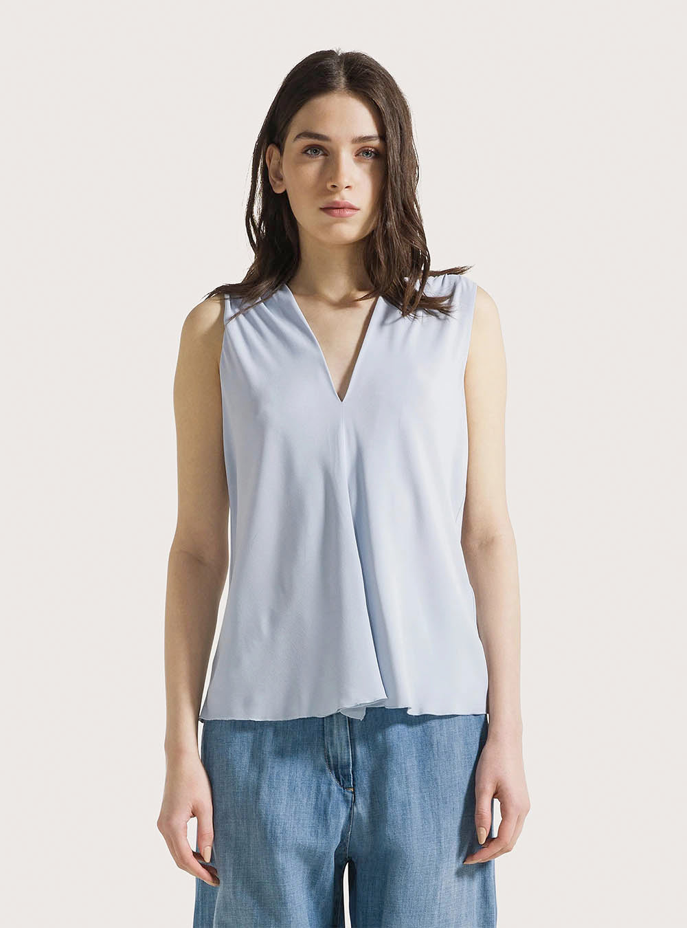 Seventy Sleeveless Jersey & Silk Blend Crepe Shirt - Azzurro Chiaro