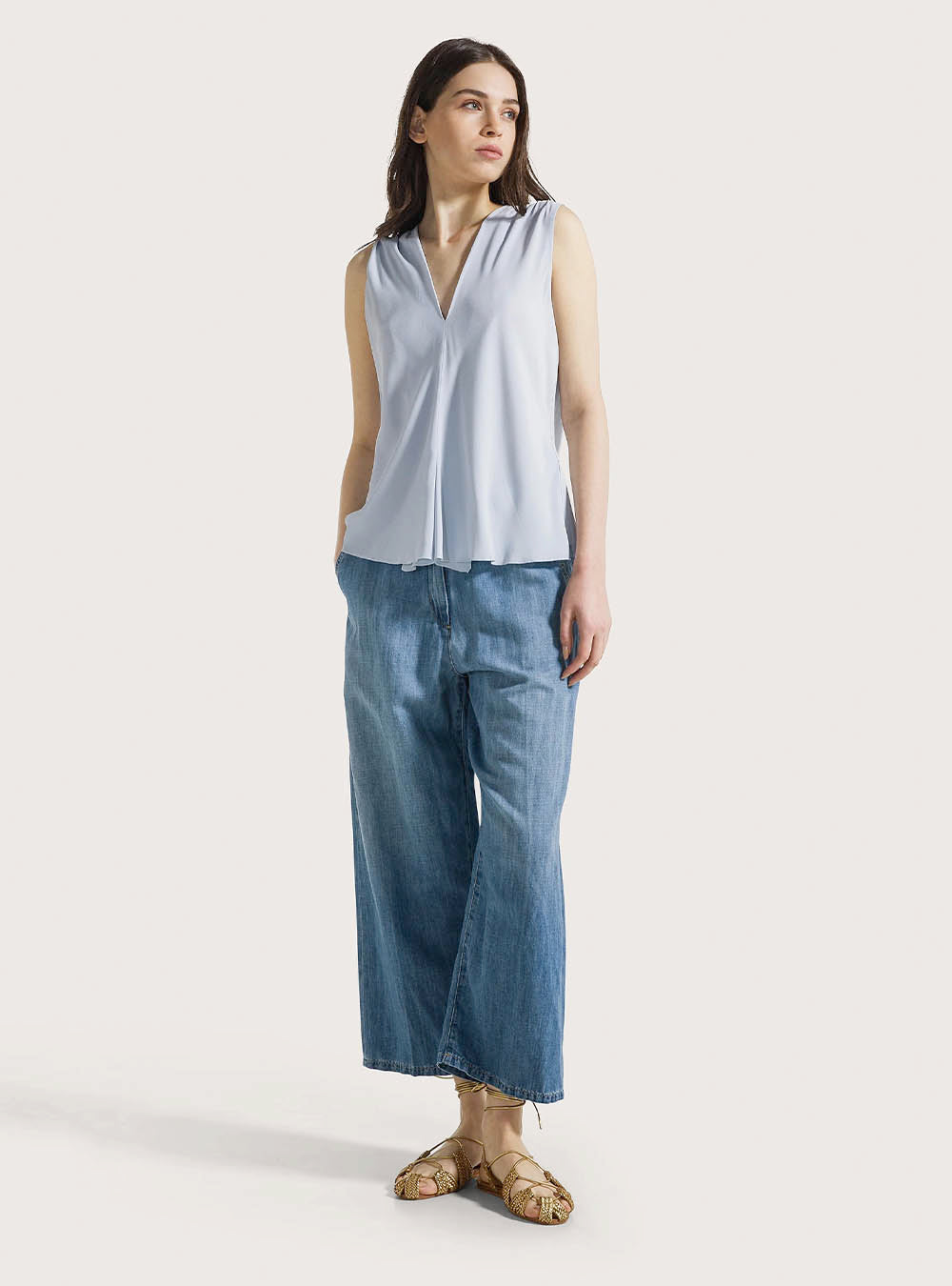 Seventy Sleeveless Jersey & Silk Blend Crepe Shirt - Azzurro Chiaro