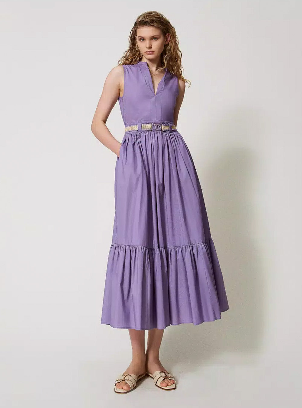 Twinset Long Poplin Dress with Flounce - Lavender