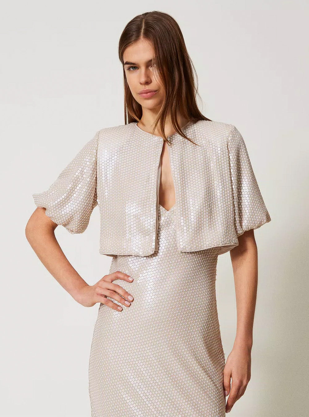 Twinset Shrug with Sequin Embroidery - Beige